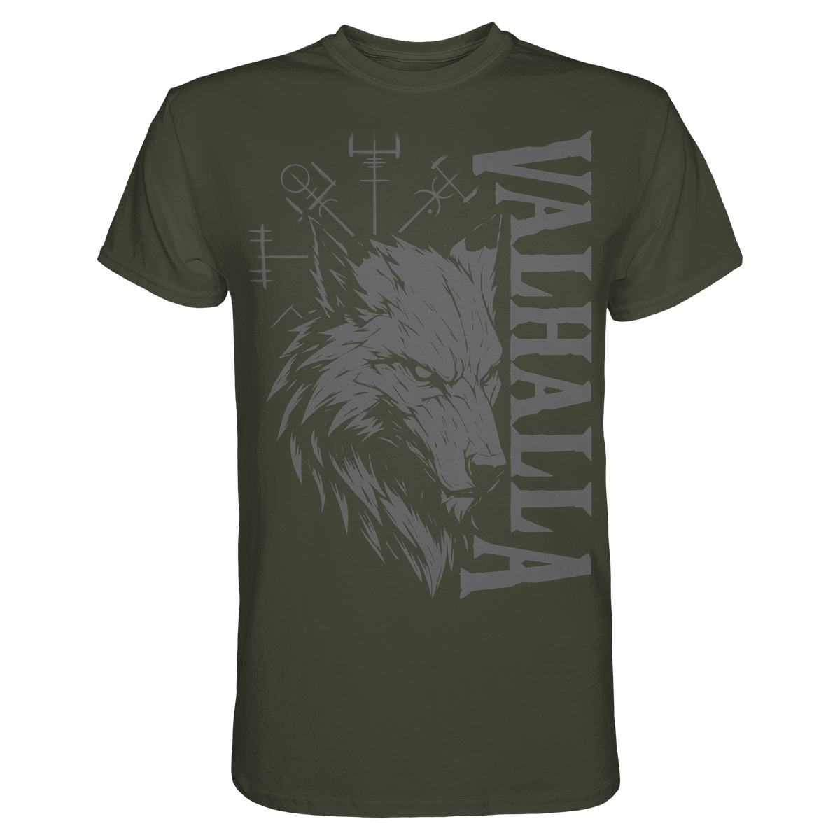 Walhalla Wolf Shirt Herren: Wolfskopf mit Valhalla-Schriftzug und Vegvísir in grauem Druck
