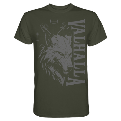 Walhalla Wolf Shirt Herren: Wolfskopf mit Valhalla-Schriftzug und Vegvísir in grauem Druck