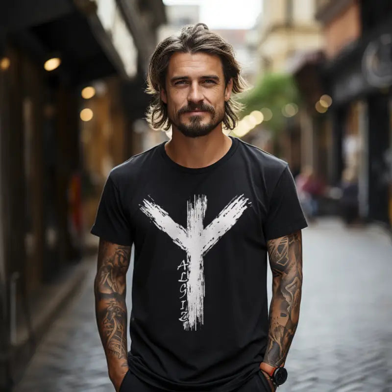 Algiz Rune Wikinger T-Shirt am Model, KI-generiert